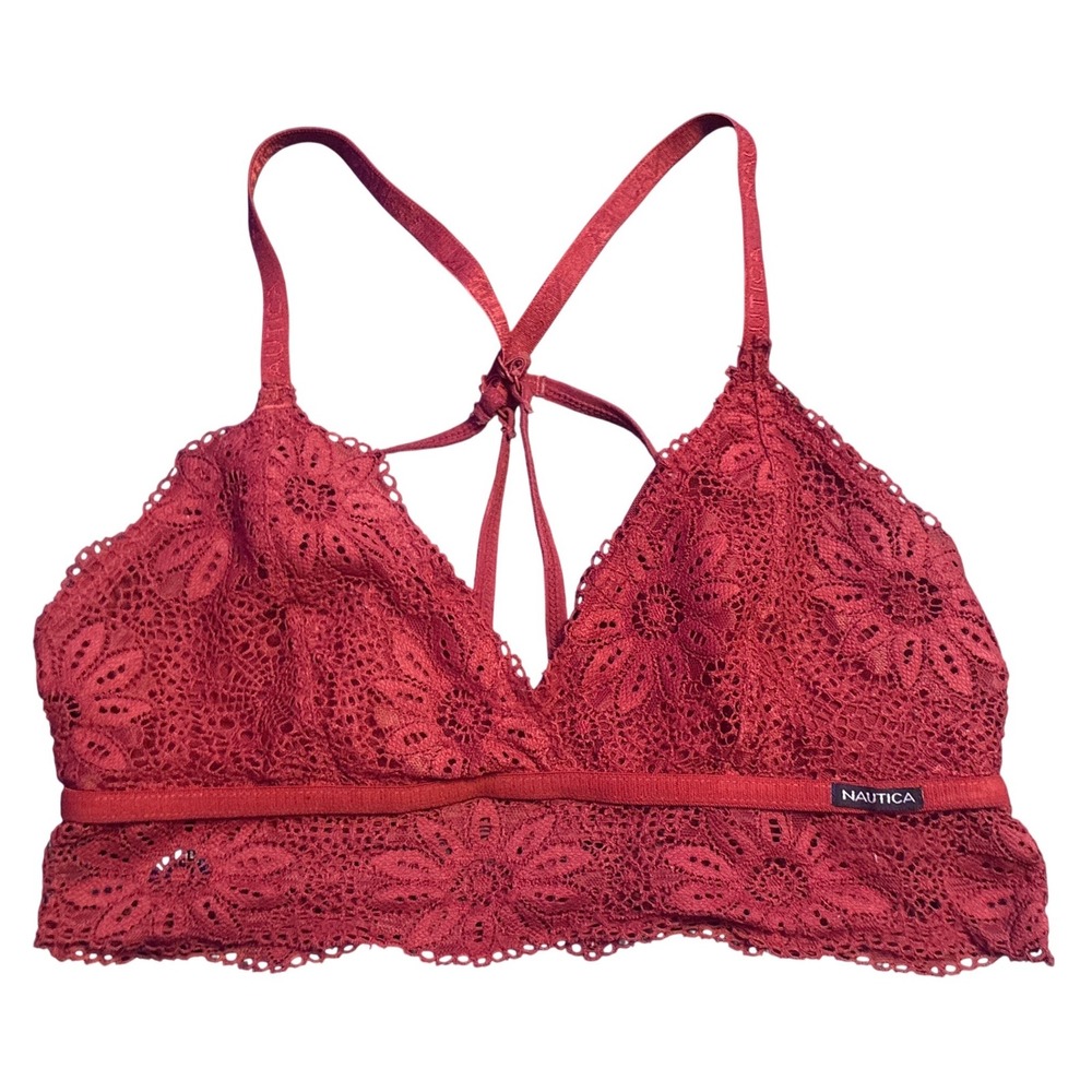Nautica Intimates Red Floral Lace Longline Strappy Bralette Wireless Size M